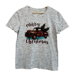 NEW Women's Medium Grey Leopard Truck Merry Christmas Holiday Festive T-Shirt